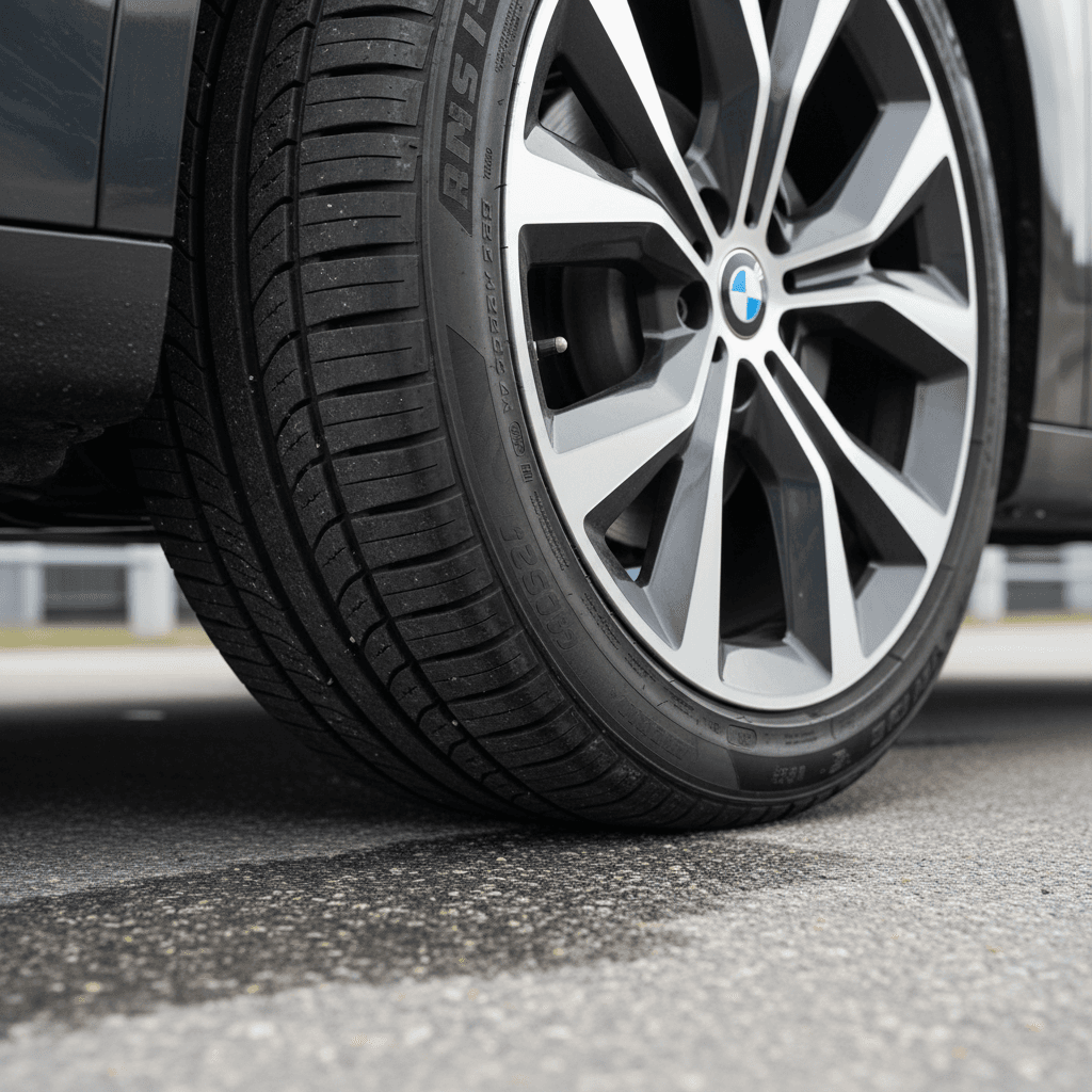 Close-up of a premium EV SUV tire and wheel showing even tread wear on a BMW iX–style wheel