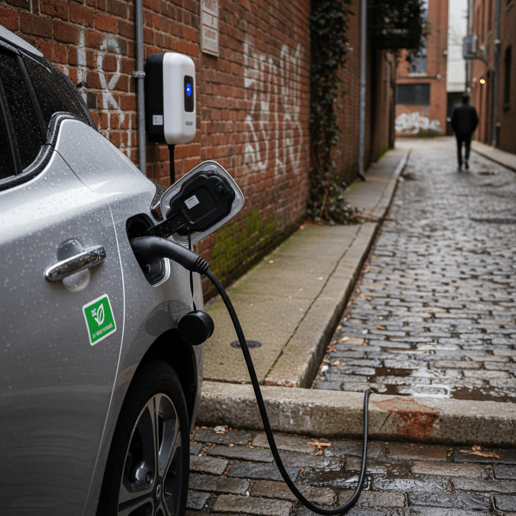 Electric vehicle charging from a wall-mounted Level 2 home charger in an urban Washington DC alley parking space