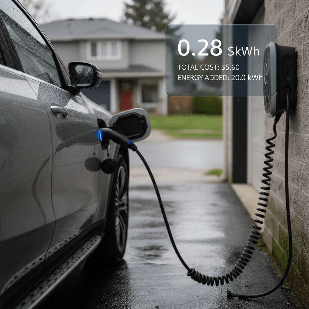 Mercedes EQE plugged into a home Level 2 charger with a digital overlay suggesting electricity usage and cost.