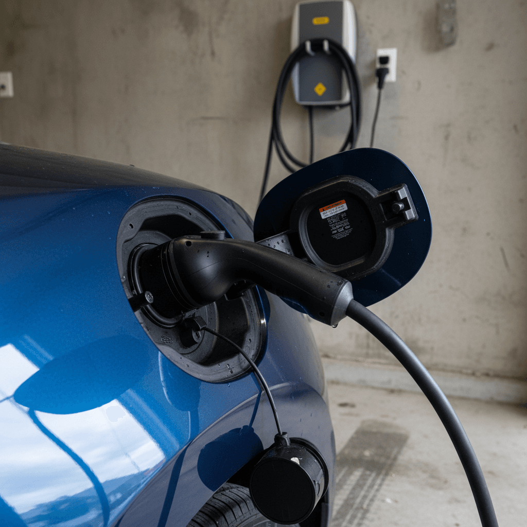 Used electric hatchback plugged into a Level 2 charger at a small dealership, representing affordable EV choices under $20,000