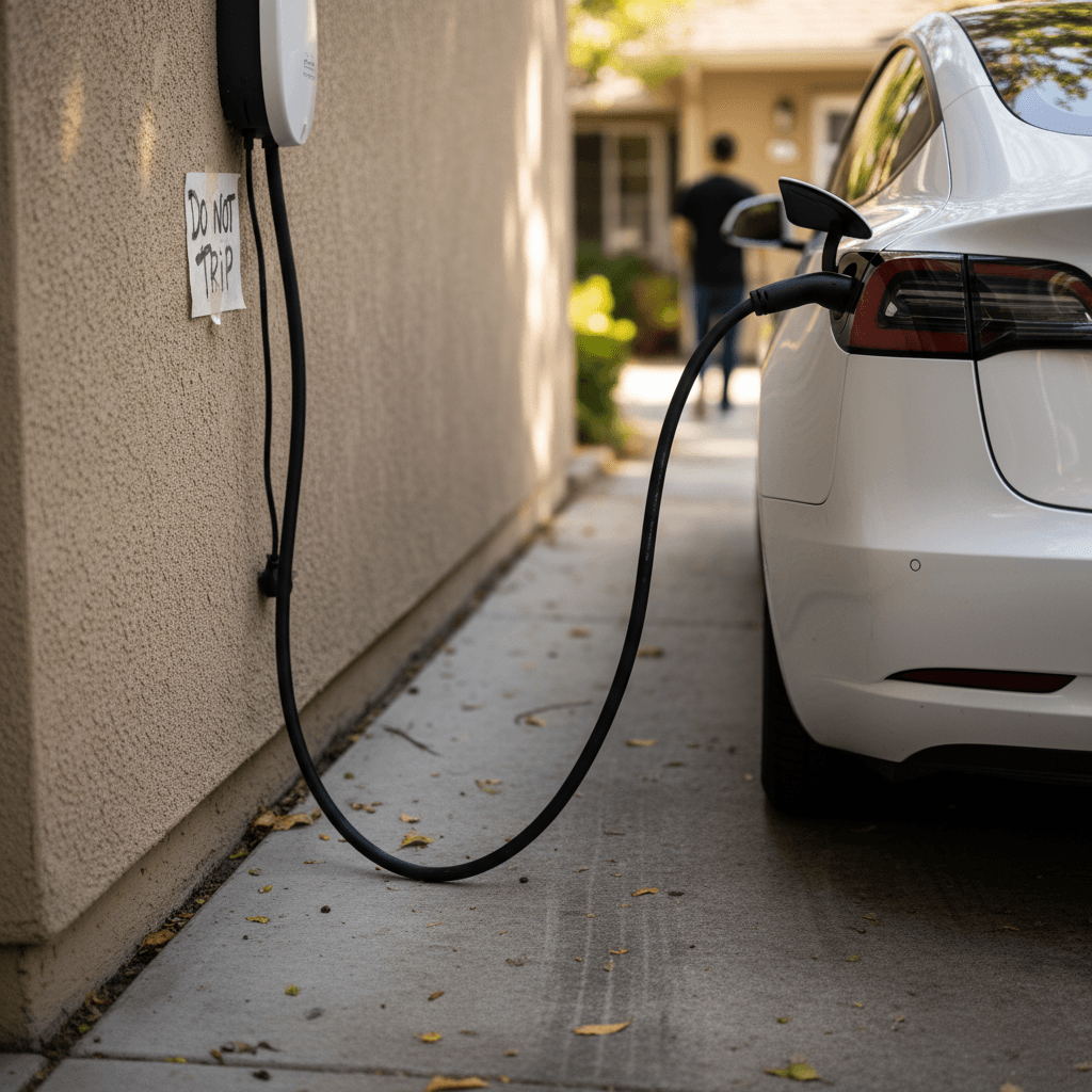 Tesla mobile service technician working on an electric car in a residential driveway