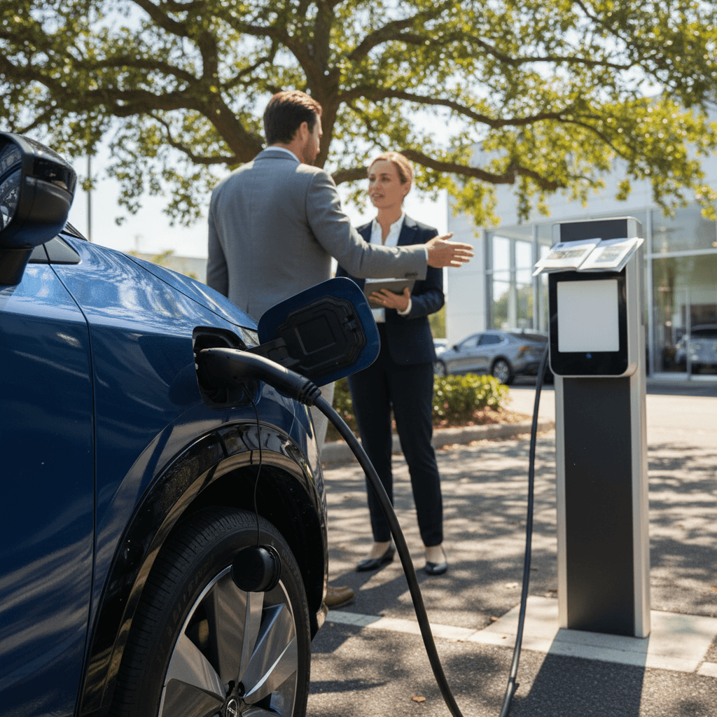 A Nissan Ariya charging at a home charger while an owner reviews battery health on a tablet