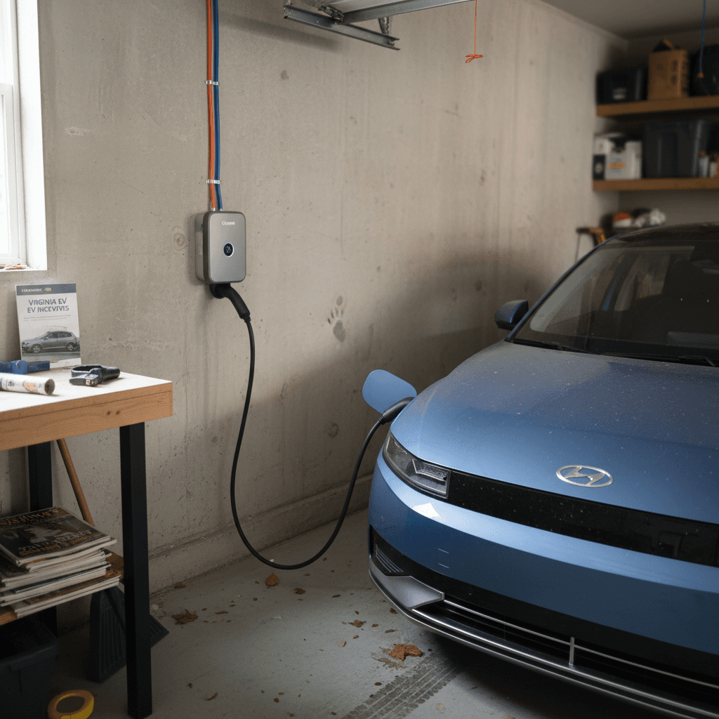 Home garage in Arlington, VA with a wall-mounted Level 2 EV charger powering an electric vehicle