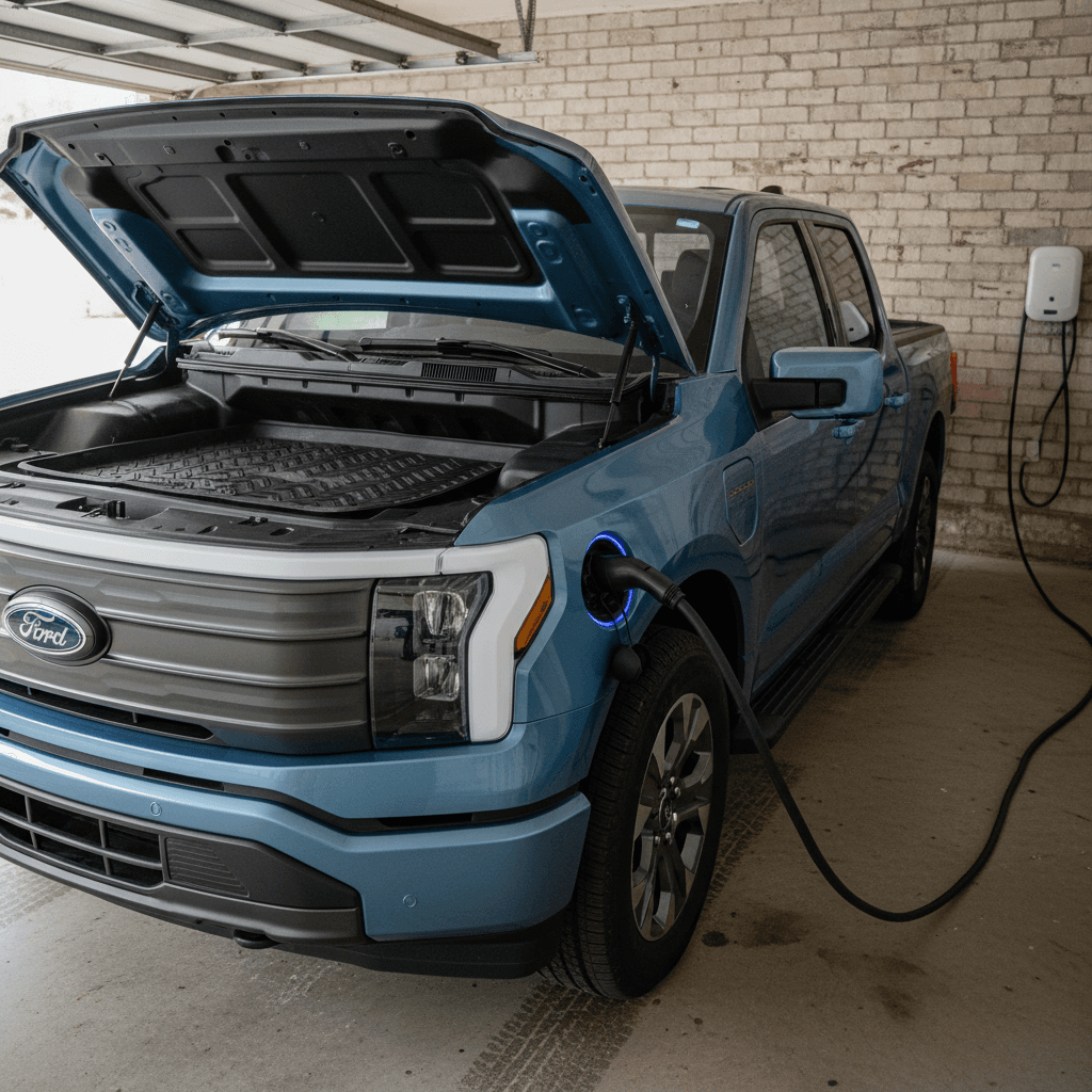 2022 Ford F-150 Lightning plugged into a home wallbox charger in a suburban driveway