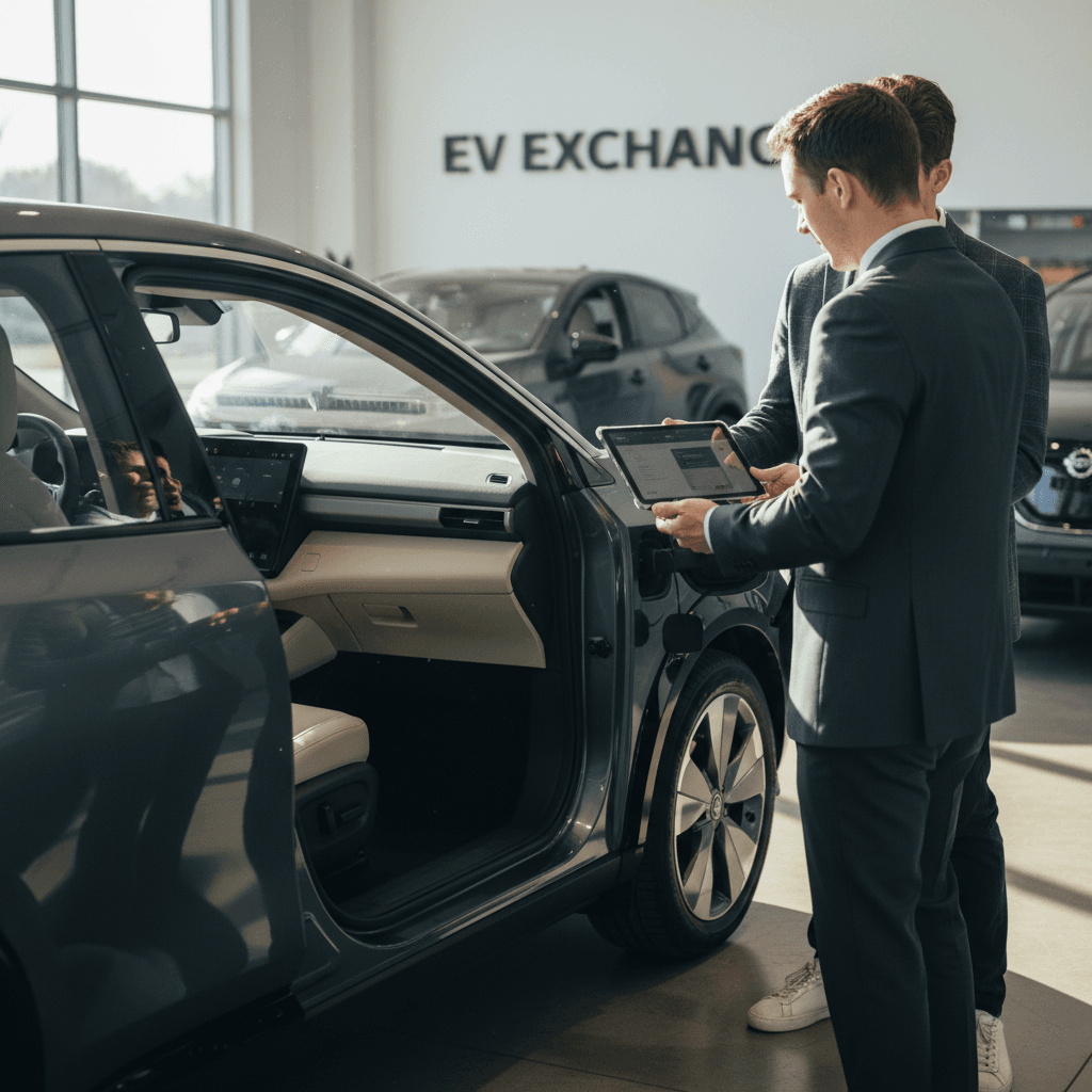 Used 2023 Nissan Ariya being visually inspected and scanned for battery health before sale