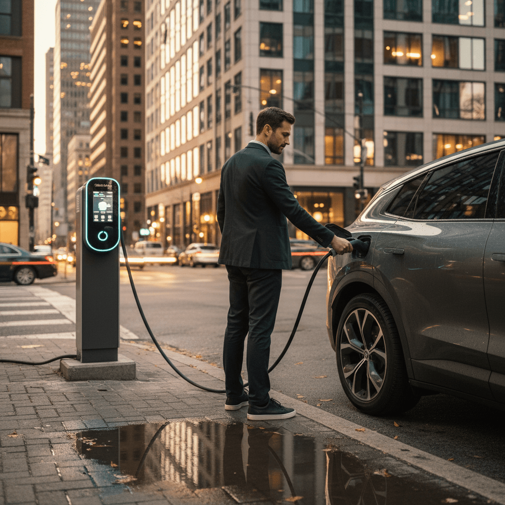 Man standing next to his modern electric SUV charging at a public fast charger in the city