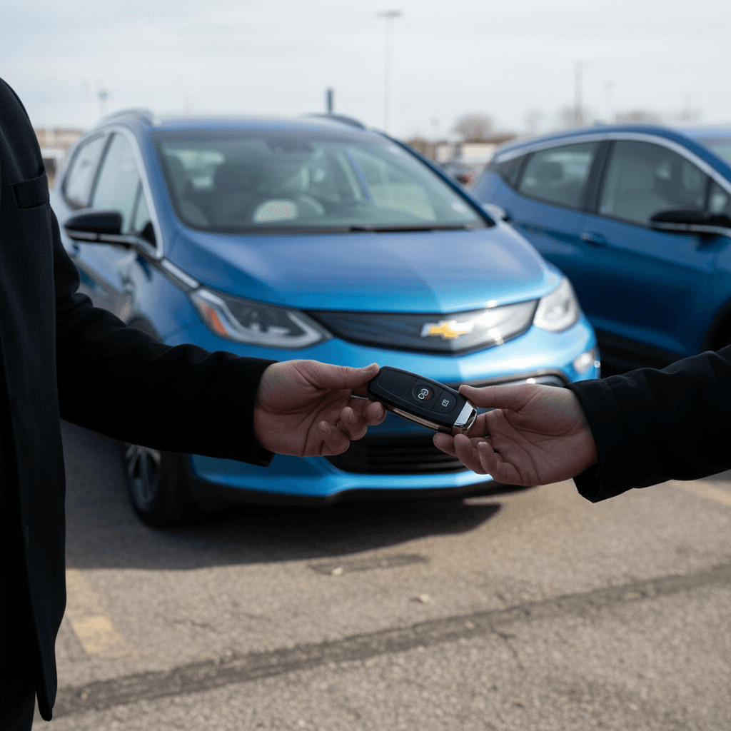 Seller and buyer reviewing a battery health report for a used Chevrolet Bolt EV at a dealership desk