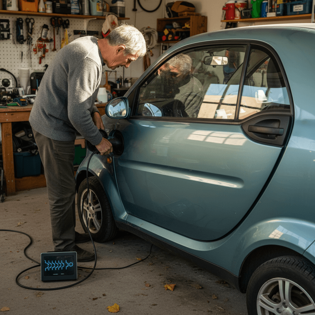Compact electric hatchback driving slowly on a city street