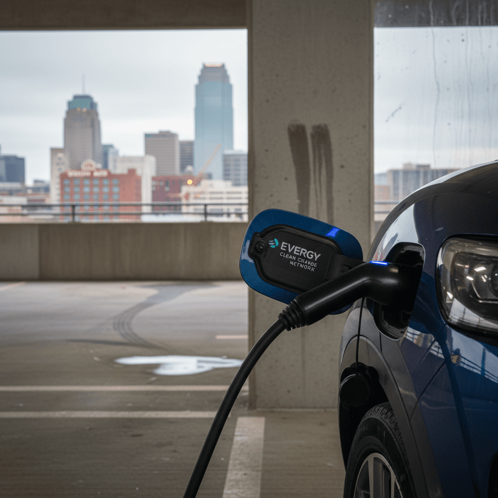 Electric vehicle plugged into a Level 2 charging station inside a Kansas City parking garage with downtown skyline in the background
