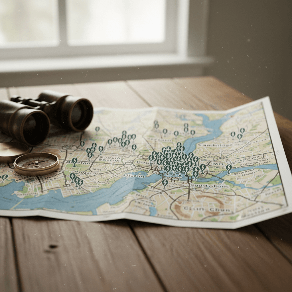 Illustrated map of Greater Boston showing clusters of EV charging stations around key neighborhoods and corridors