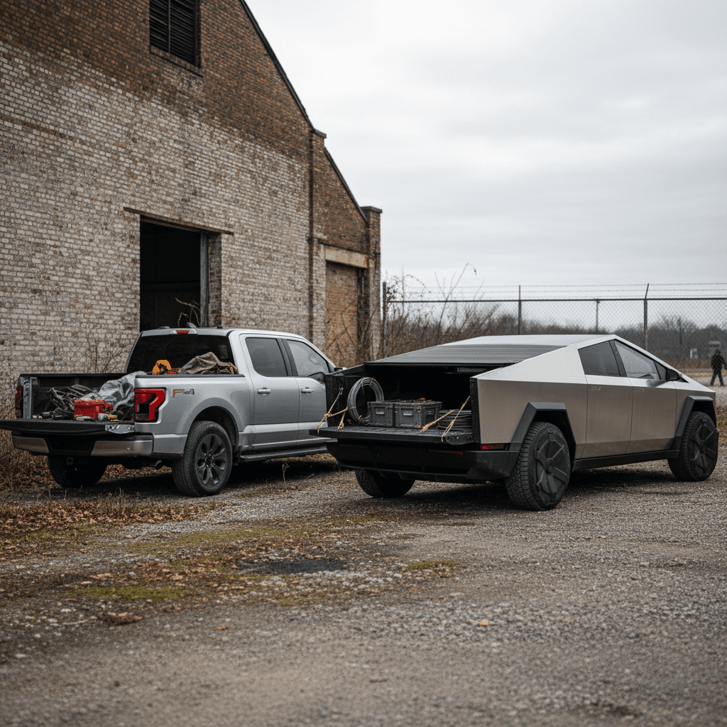 Used Ford F-150 Lightning parked next to a used Tesla Cybertruck, highlighting size and bed area differences