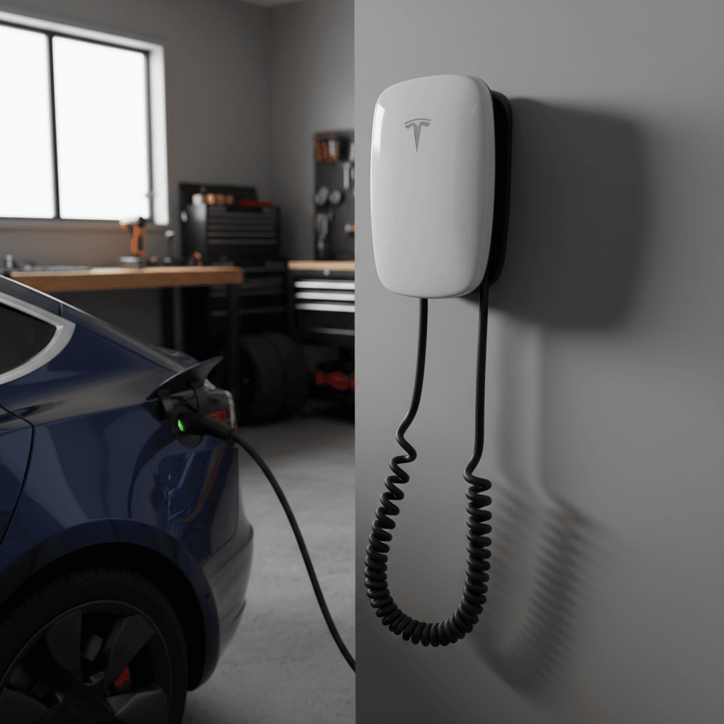 Tesla Model 3 plugged into a wall-mounted Tesla home charger in a modern garage
