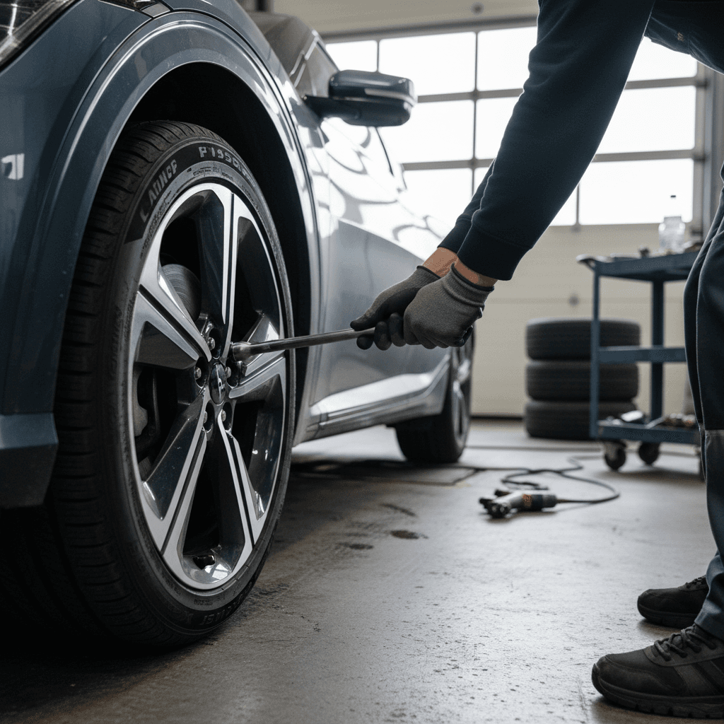 Technician rotating tires on a Kia EV6 in a service bay