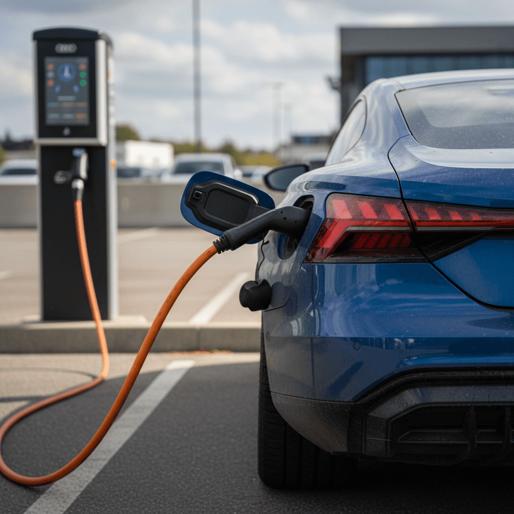 Audi e-tron GT plugged into a DC fast charger, highlighting the rear charge port and LED lighting at night