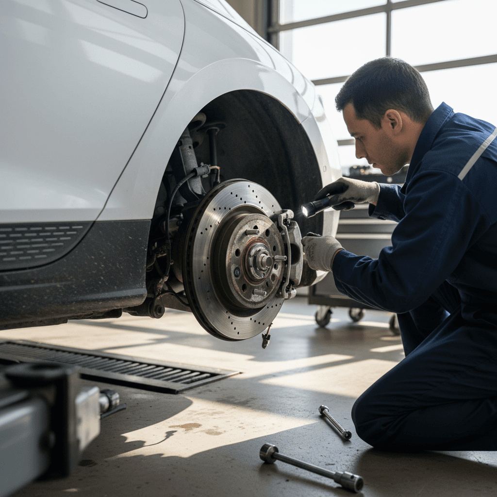 Technician checking the tires and brakes on a Hyundai Ioniq 6 in a dealership service bay