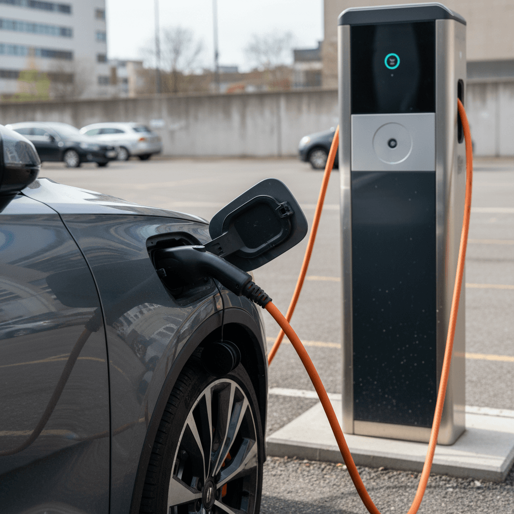 2022 Polestar 2 plugged into a public DC fast charger in a city parking lot