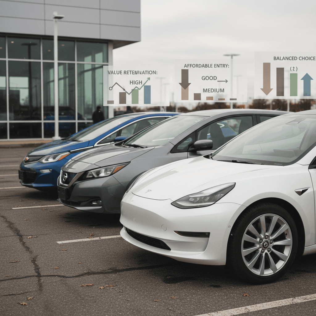 Row of popular used electric vehicles lined up on a lot, including a Tesla Model 3, Hyundai Ioniq 5 and Kia EV6, highlighting resale value leaders