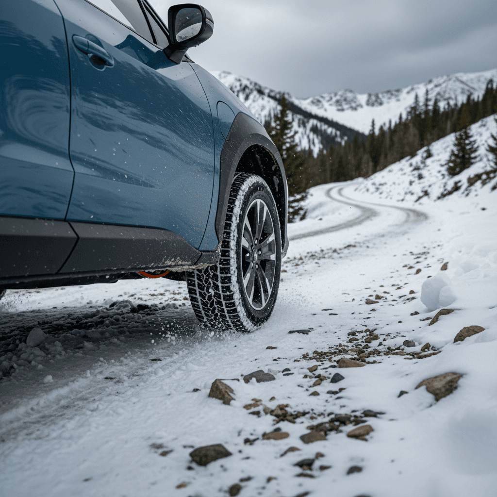 Subaru Solterra driving confidently on a snow‑covered mountain road, showcasing its ground clearance and all‑wheel drive