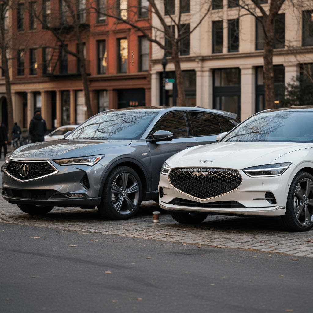 Acura ZDX and Genesis GV60 parked on a city street, highlighting their size difference and styling contrast