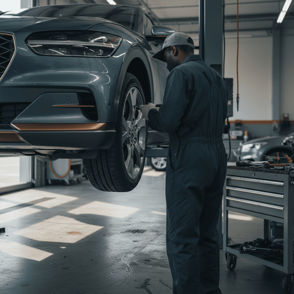 Technician inspecting tires and brakes on a Genesis GV60 during routine service