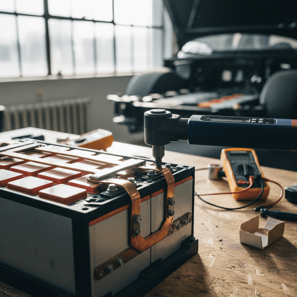 Certified technician inspecting the battery pack of an electric car on a lift