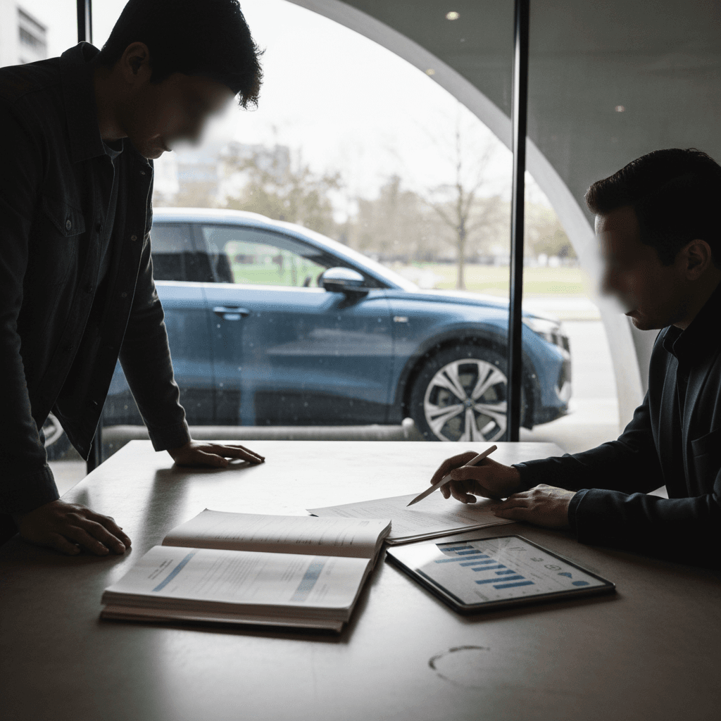 Audi Q4 e-tron owner reviewing insurance documents with an advisor