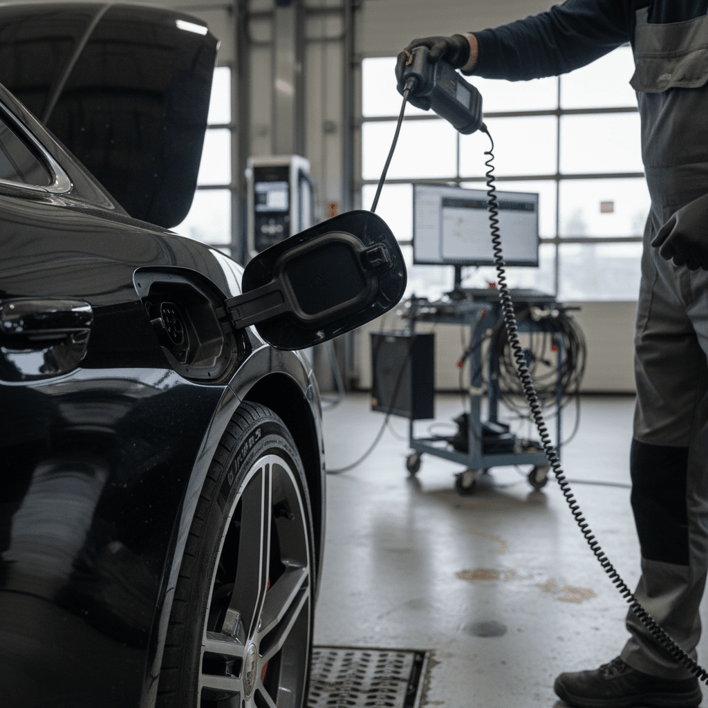 Technician inspecting the charging port and high-voltage components of a 2021 Porsche Taycan at a service center