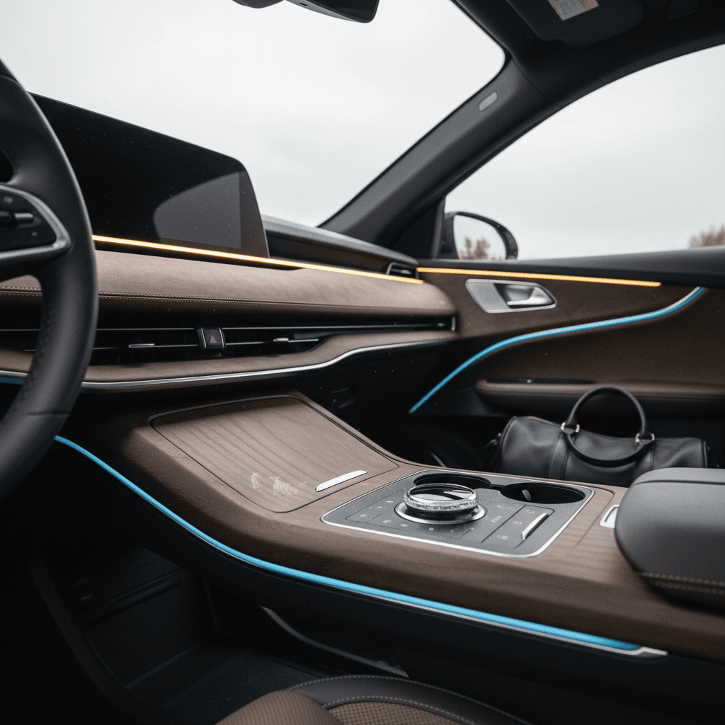 Ambient lighting inside a modern luxury electric sedan at night