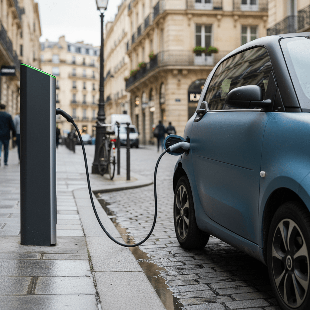 A compact electric car parked at the curb on a city street, illustrating the small footprint of urban EVs.