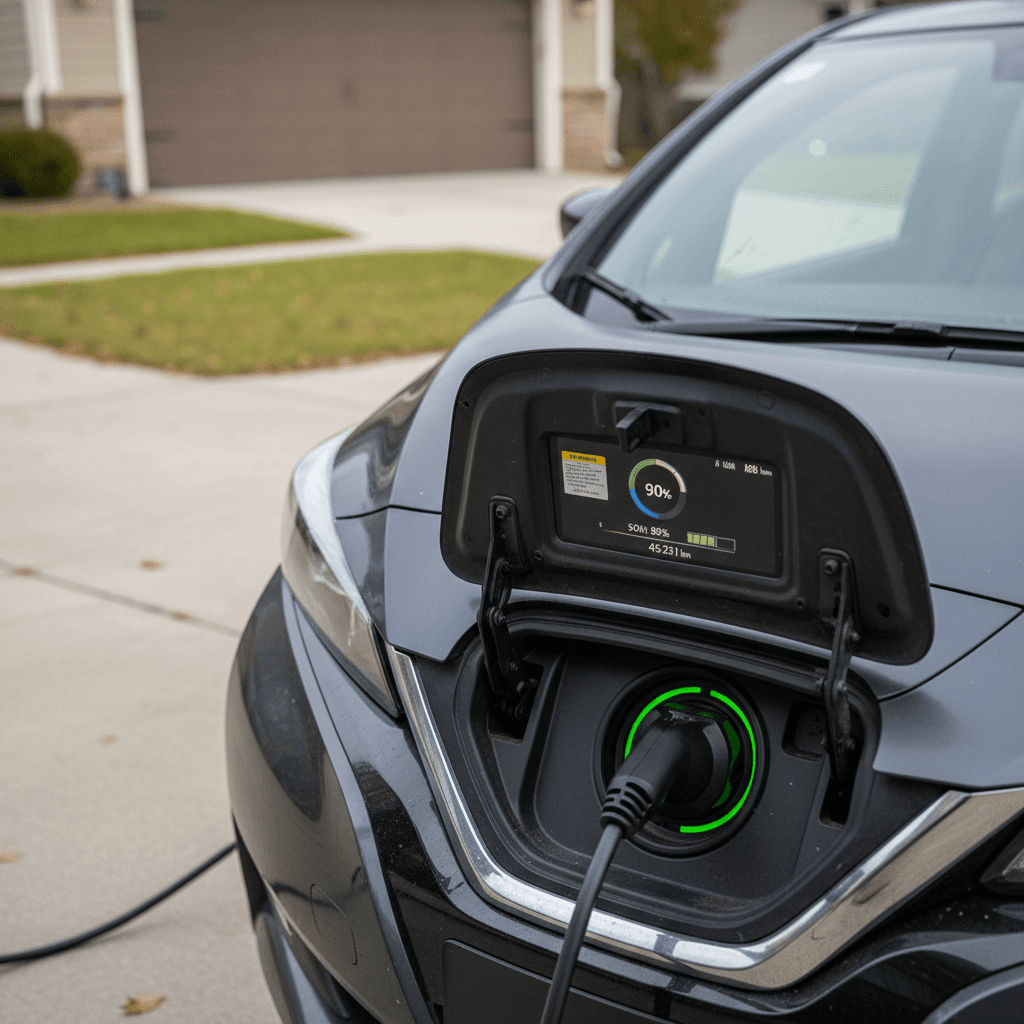 Owner checking 2021 Nissan Leaf battery status on dashboard while the car is plugged into a home charger