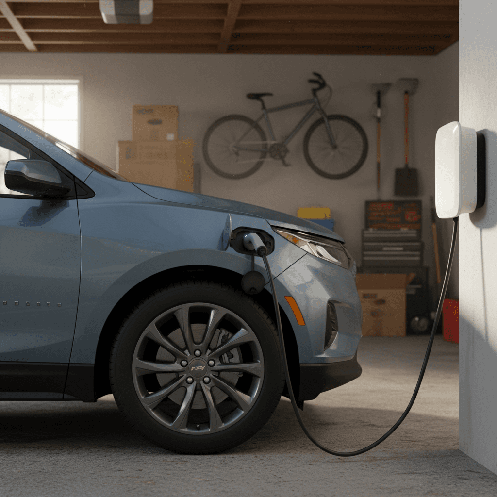 Chevrolet Equinox EV plugged into a wall-mounted Level 2 home charger in a clean suburban garage