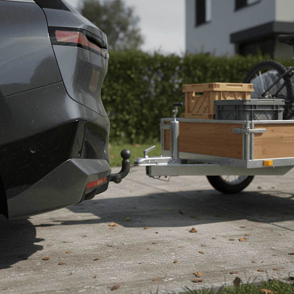 BMW iX rear bumper with integrated tow hitch connected to a small trailer in a residential driveway