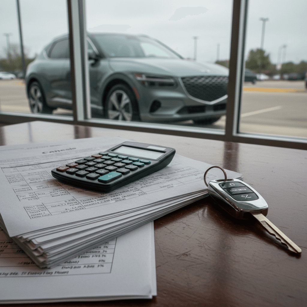 Car keys, paperwork, and calculator on a finance manager’s desk with an electric crossover blurred in the background