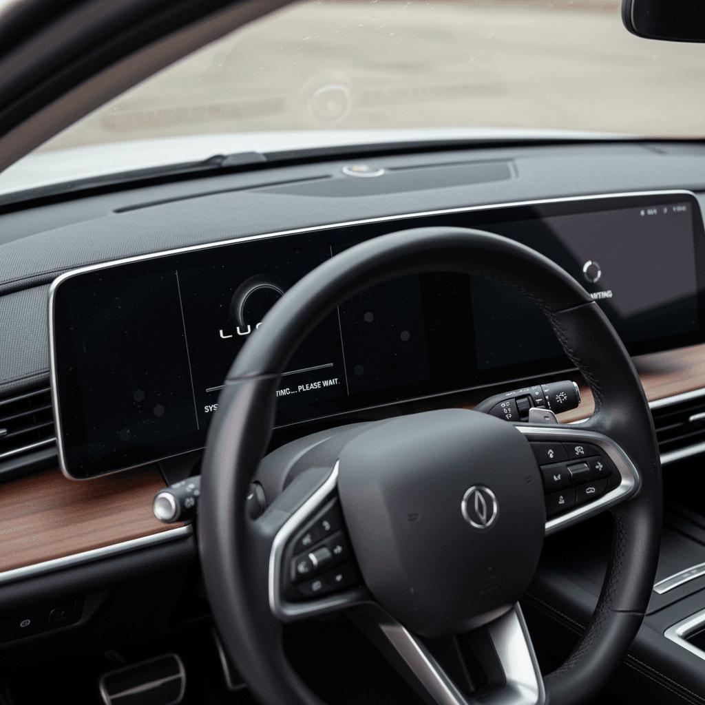 2023 Lucid Air cockpit showing dual infotainment screens and steering wheel, highlighting areas where owners report software glitches and screen reboots