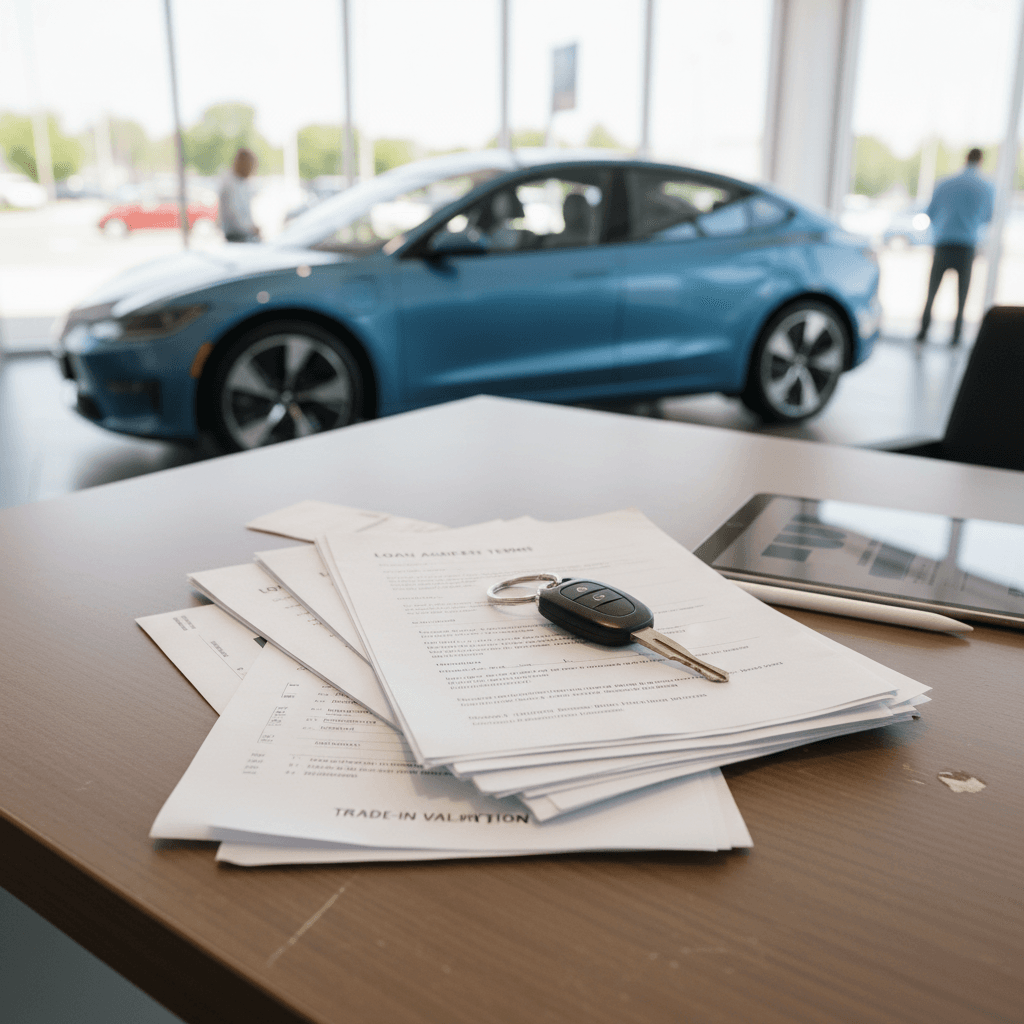 Loan documents, car keys, and a tablet showing an electric car listing laid out on a desk with an EV visible through a window
