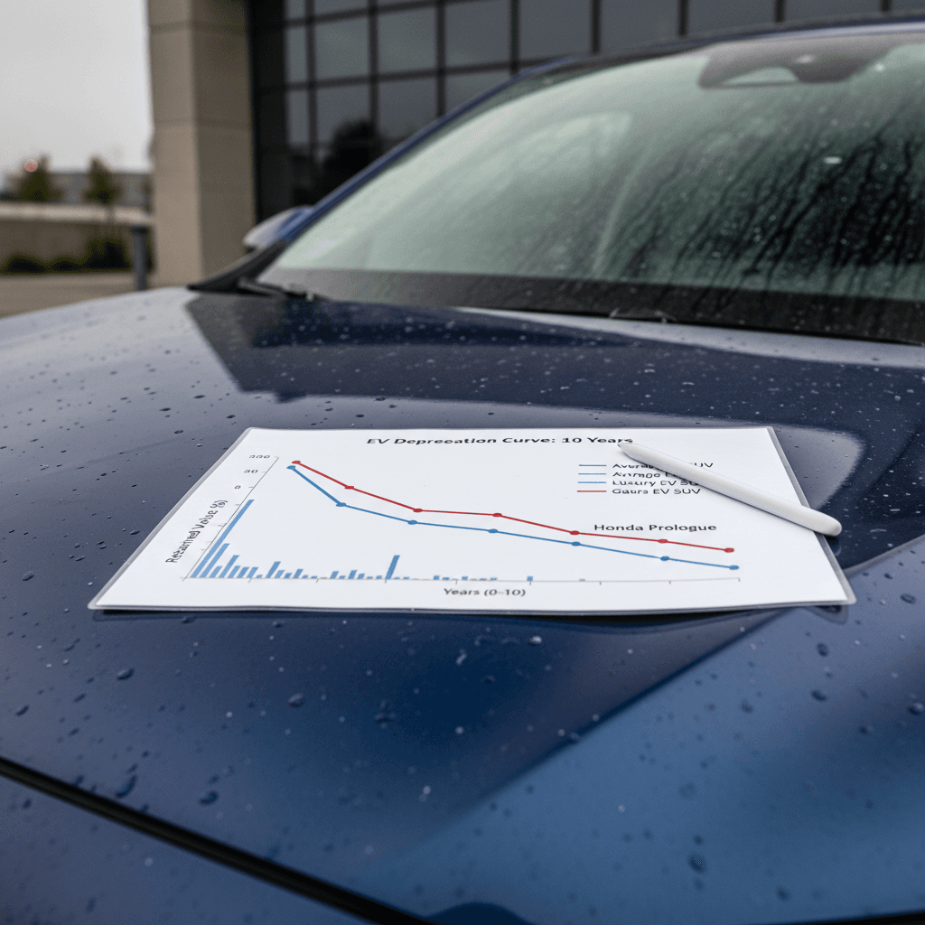 Illustrated depreciation curve showing Honda Prologue value dropping over 10 years