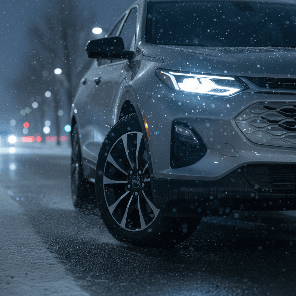 Chevrolet Equinox EV driving at night with snow collecting around the headlamps and front wheel