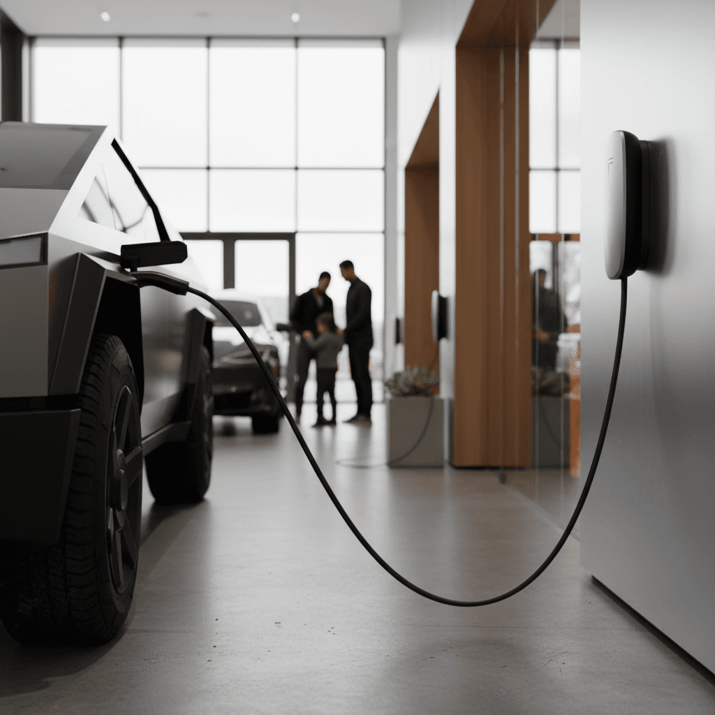 Modern Tesla showroom interior with electric vehicles on display and visitors walking around