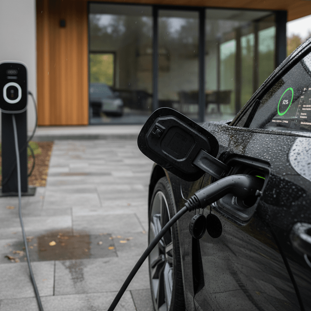 Audi e-tron GT parked in a driveway, charging and displaying battery status on the digital cluster for a potential buyer