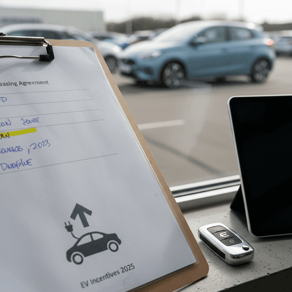 Customer reviewing and signing an electric car lease agreement at a dealership desk