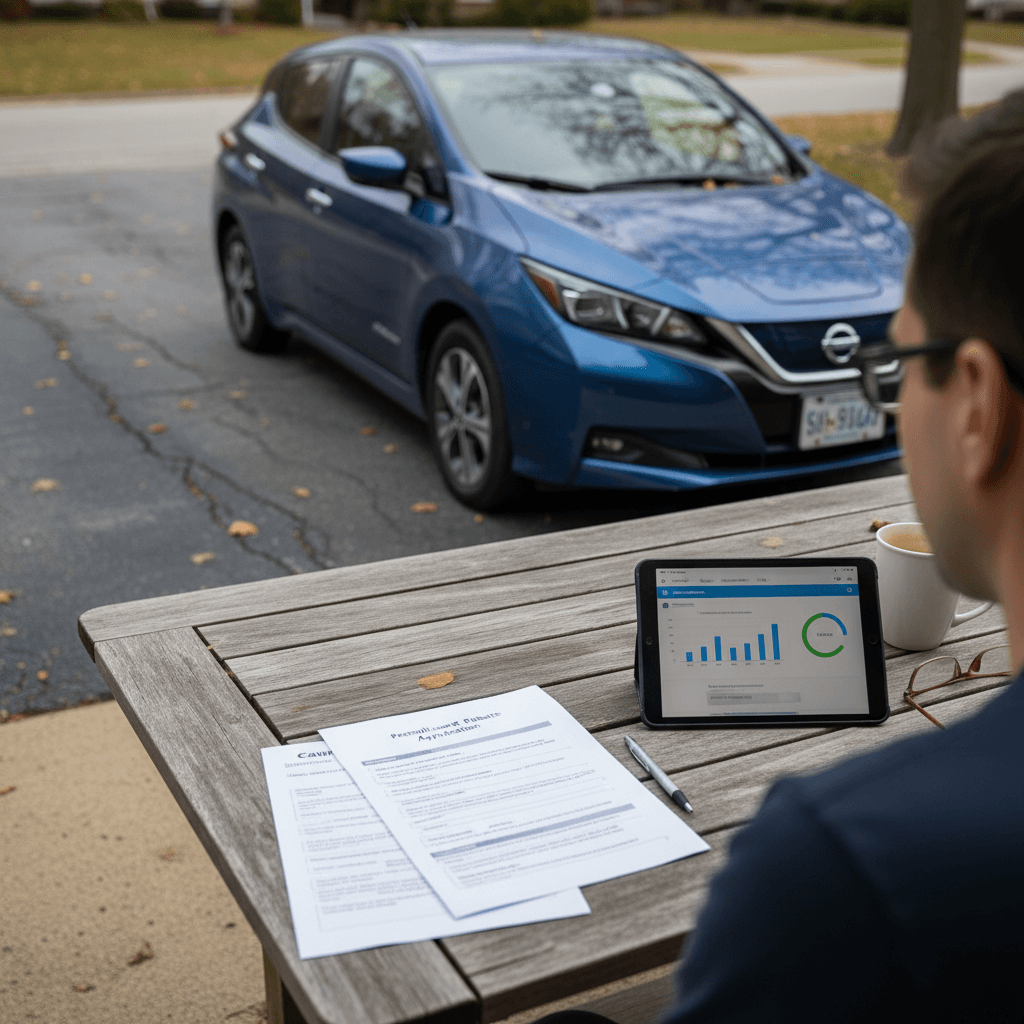 Driver sitting next to a used electric vehicle while filling out a Pennsylvania EV rebate form on a clipboard