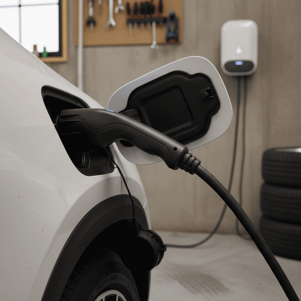 Mercedes EQB charging from a wall-mounted Level 2 charger in a residential garage