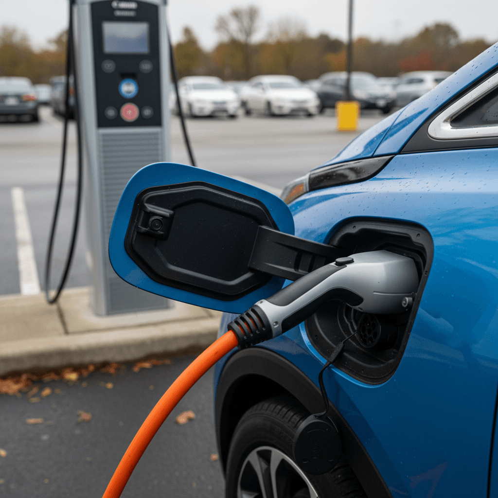 Close view of a 2023 Chevrolet Bolt EV plugged into a public CCS fast charger