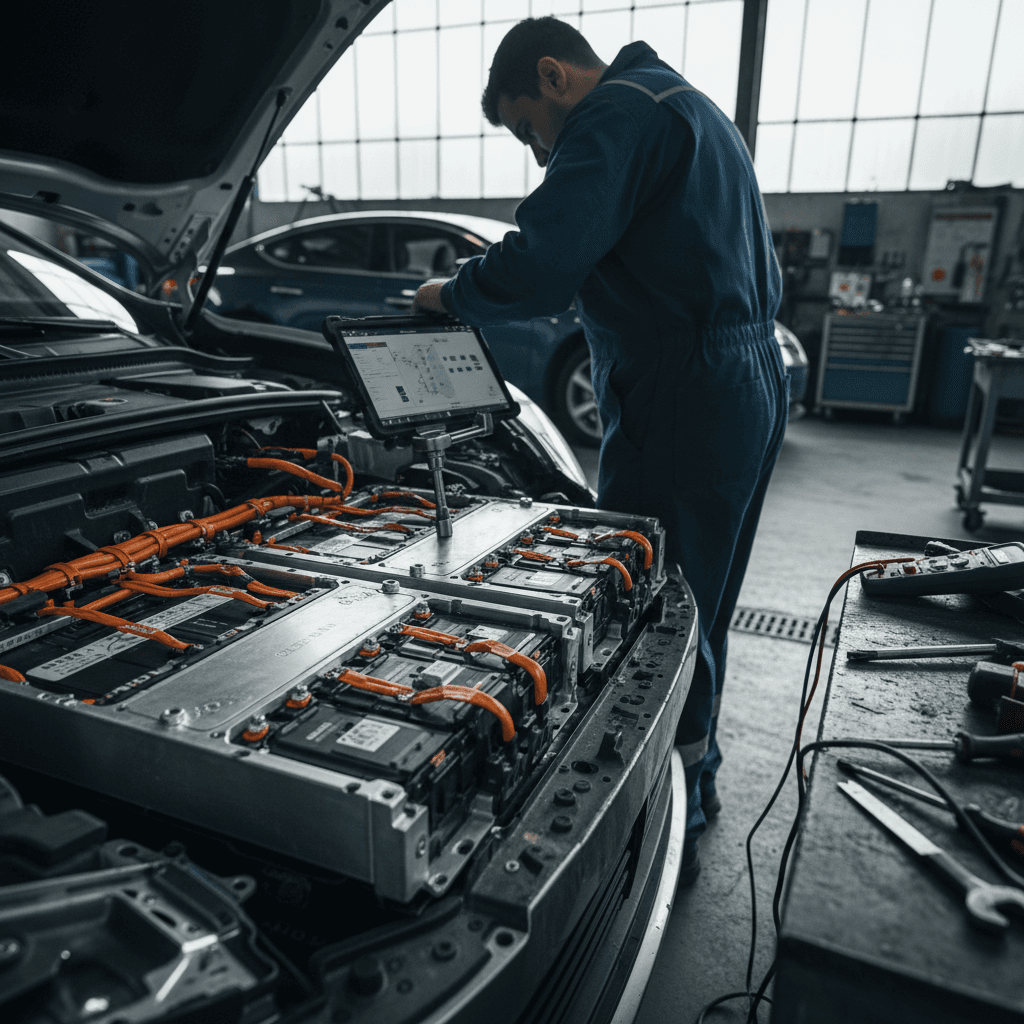 Mechanic wearing safety gloves working around orange high-voltage cables in an electric car