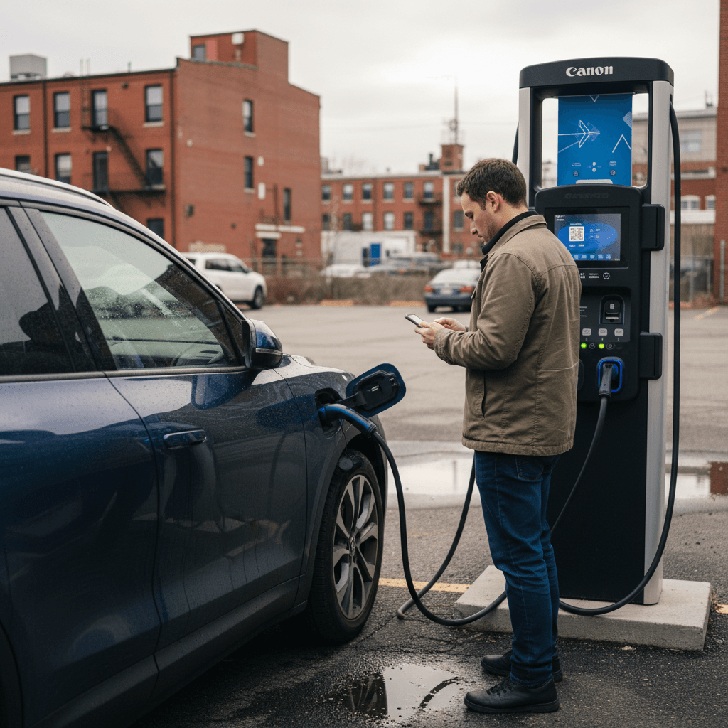 Driver using a DC fast charging station in a Baltimore parking lot, scanning a charging app before plugging in