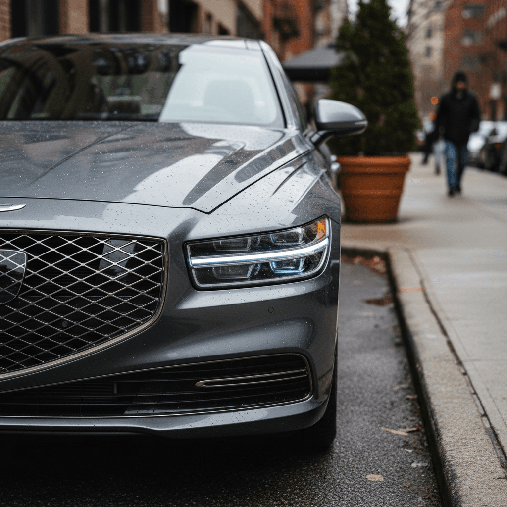 Genesis Electrified G80 parked on a city street, illustrating a used luxury EV in an urban setting