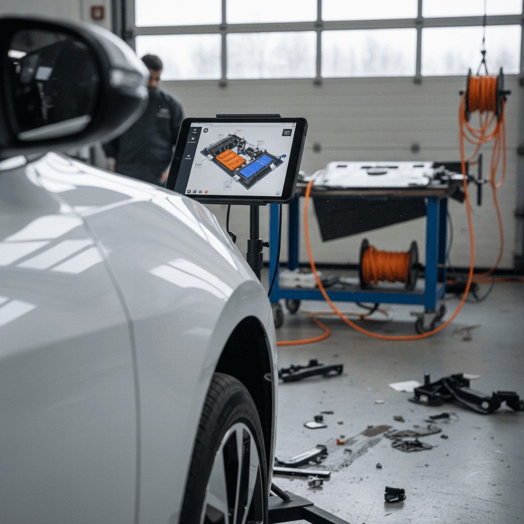 Technician in a modern body shop repairing damage on an electric vehicle