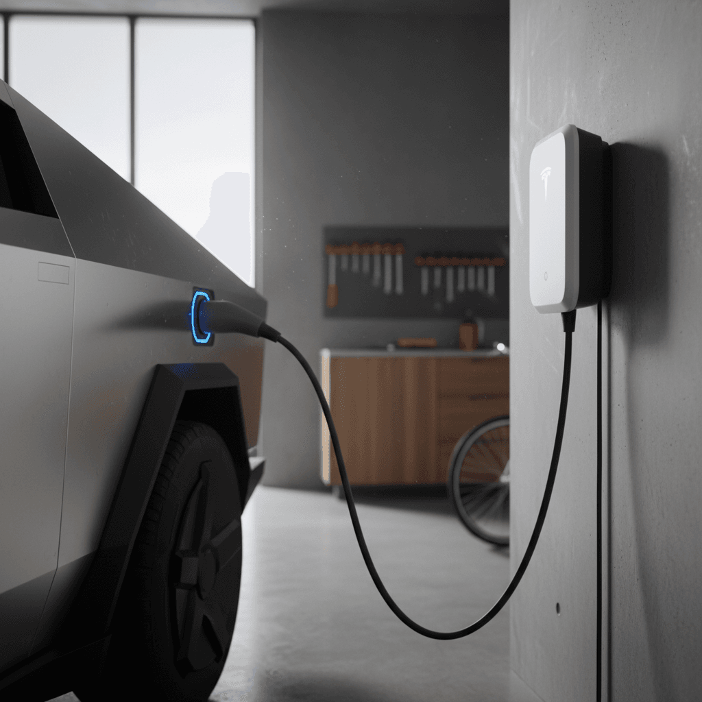 Tesla Cybertruck plugged into a Level 2 wall charger in a modern home garage