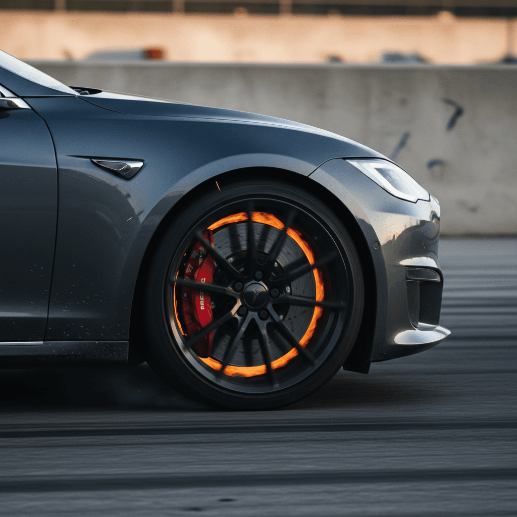 Tesla Model S Plaid braking hard on a circuit, with rotors glowing and slight nose dive