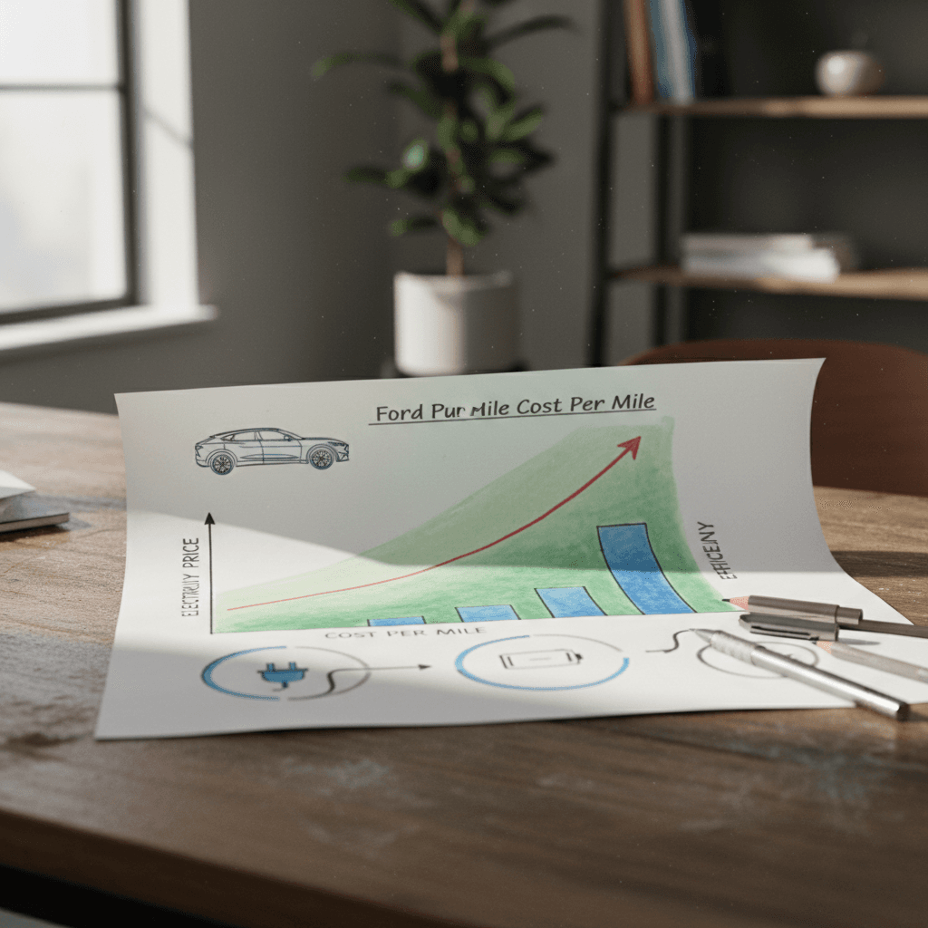 Infographic showing a Ford Mustang Mach‑E efficiency and cost per mile relationship between kWh per 100 miles and electricity price